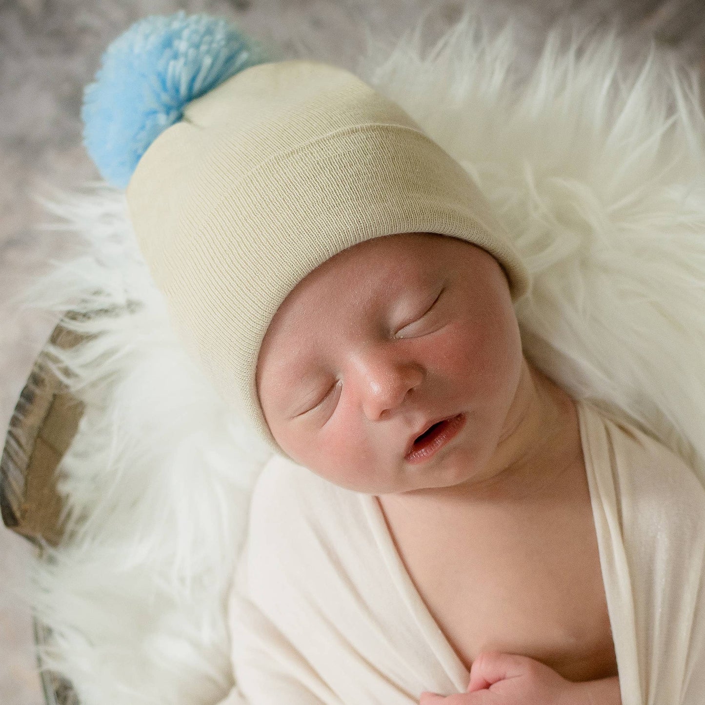 Oatmeal Beanie with Blue Pom Pom Newborn Gender Neutral Hat