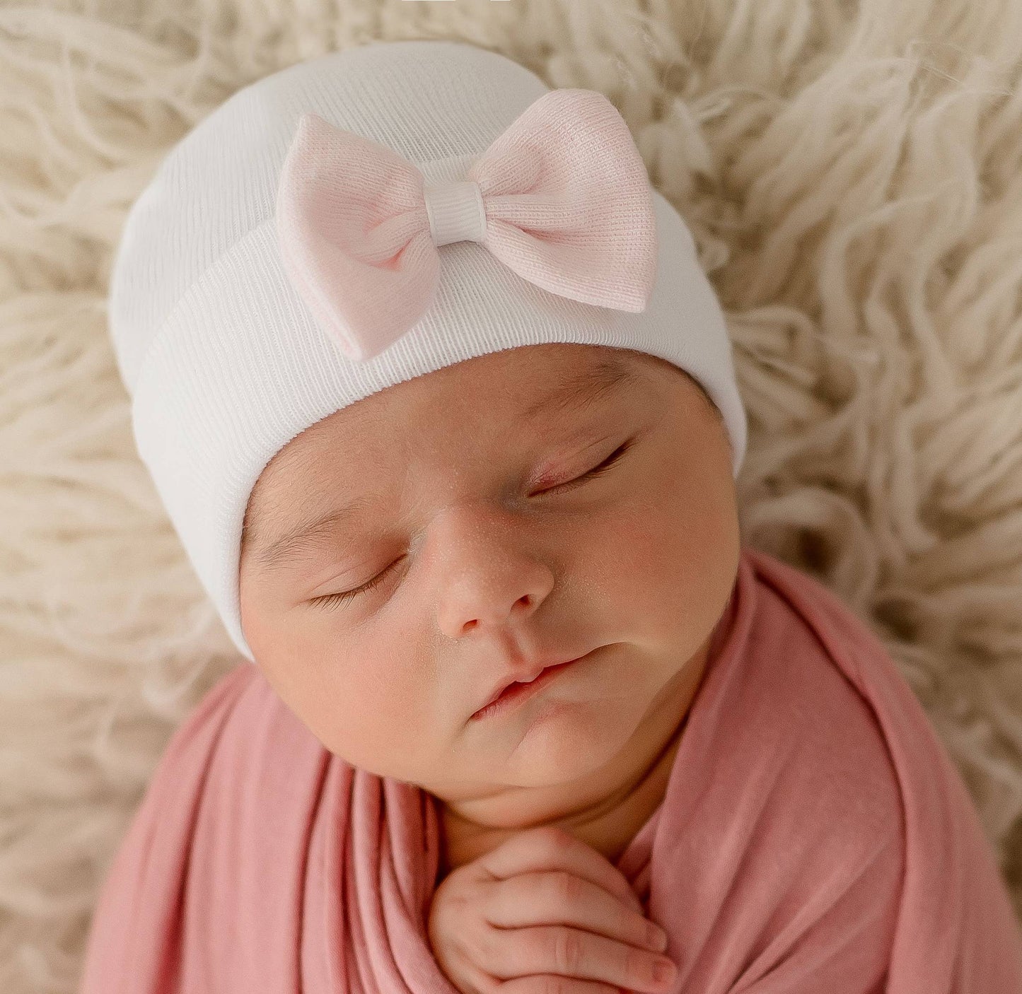 White or Pink Hat with Mini Bow Newborn Girl Hospital Hat