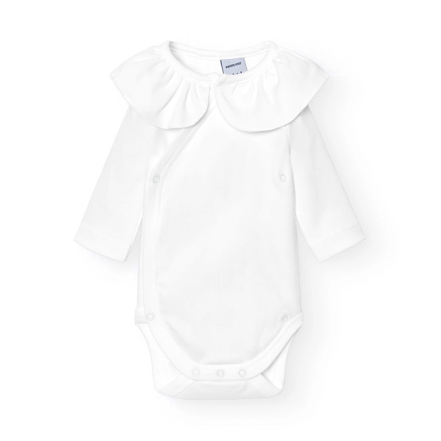 Ruffle Neck Crossover Baby Bodysuit - White