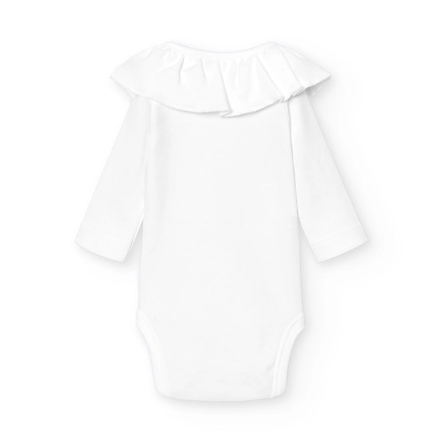 Ruffle Neck Crossover Baby Bodysuit - White