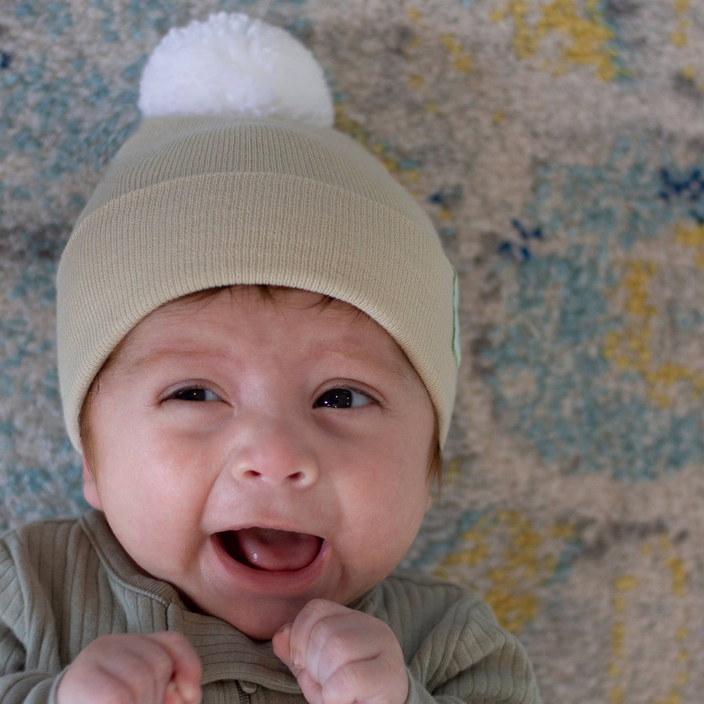 Oatmeal Beanie with Blue Pom Pom Newborn Gender Neutral Hat
