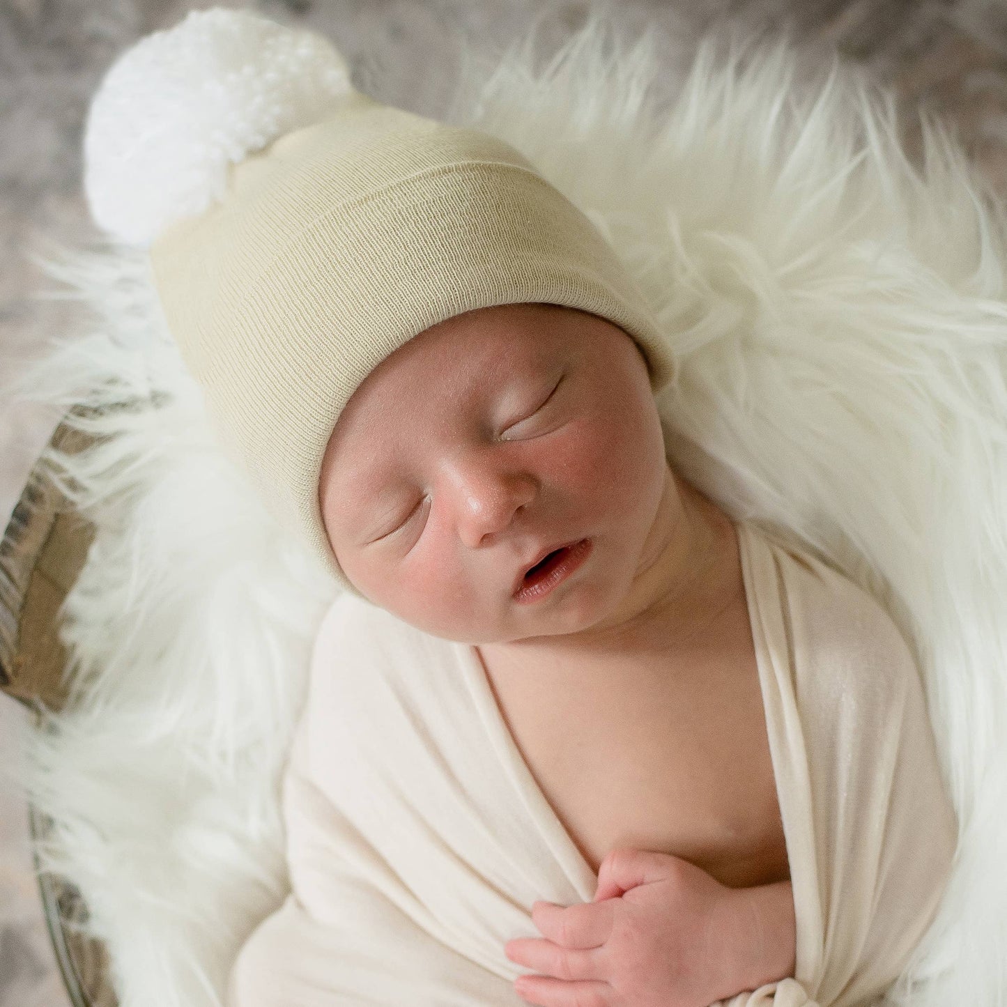 Oatmeal Beanie with Blue Pom Pom Newborn Gender Neutral Hat