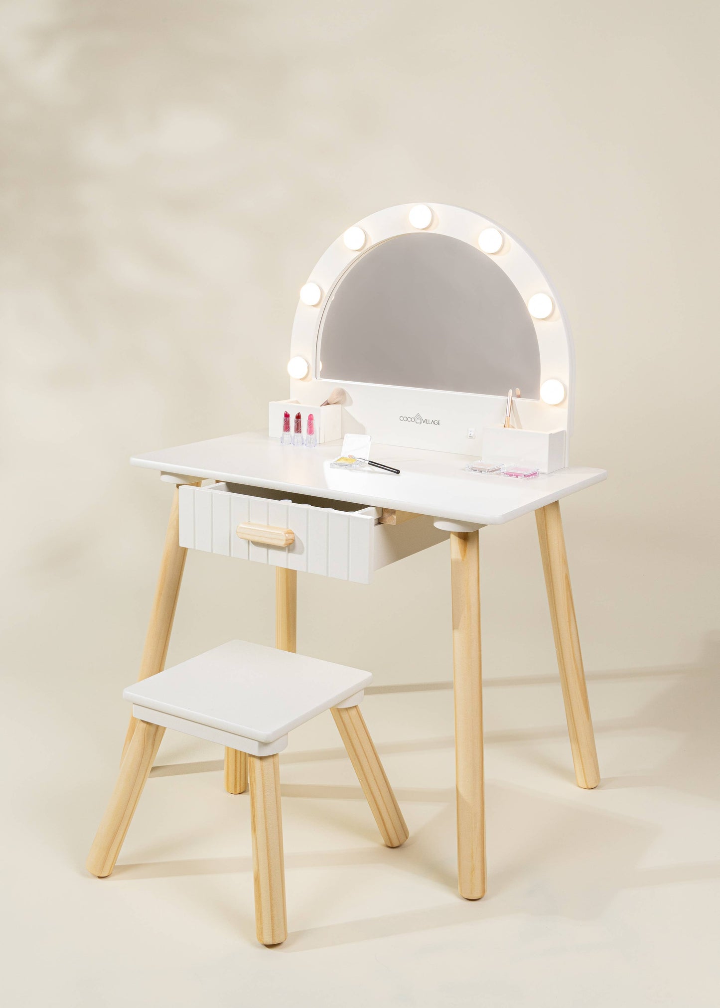 Wooden Play Vanity with Lighted Mirror & stool