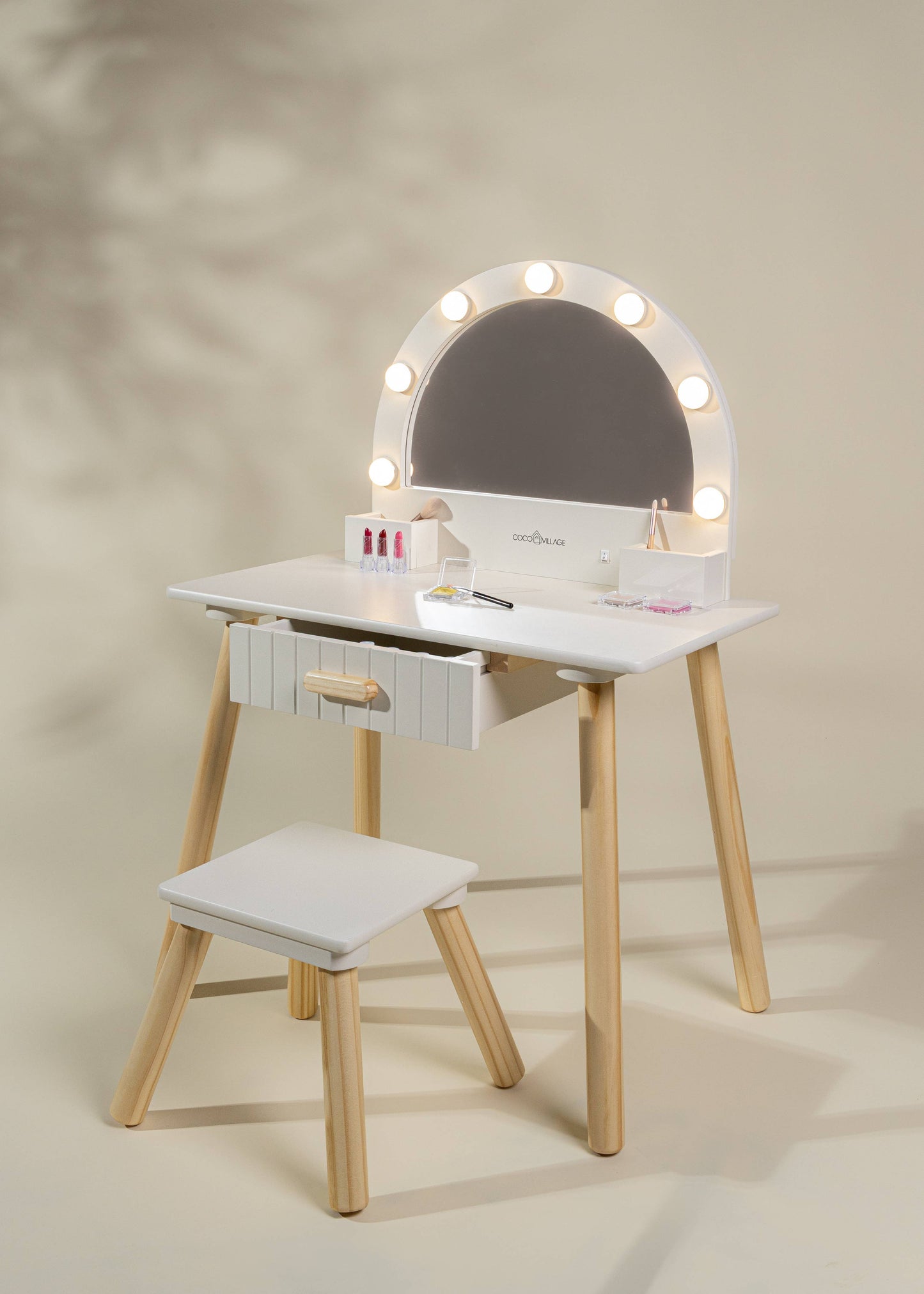Wooden Play Vanity with Lighted Mirror & stool
