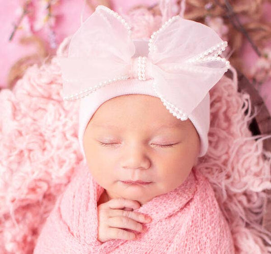 Pink, White & Black Chiffon Pearl Bow Newborn Girl Hospital