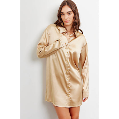 CHIC SATIN SHIRT MINI DRESS IN RELAXED FIT