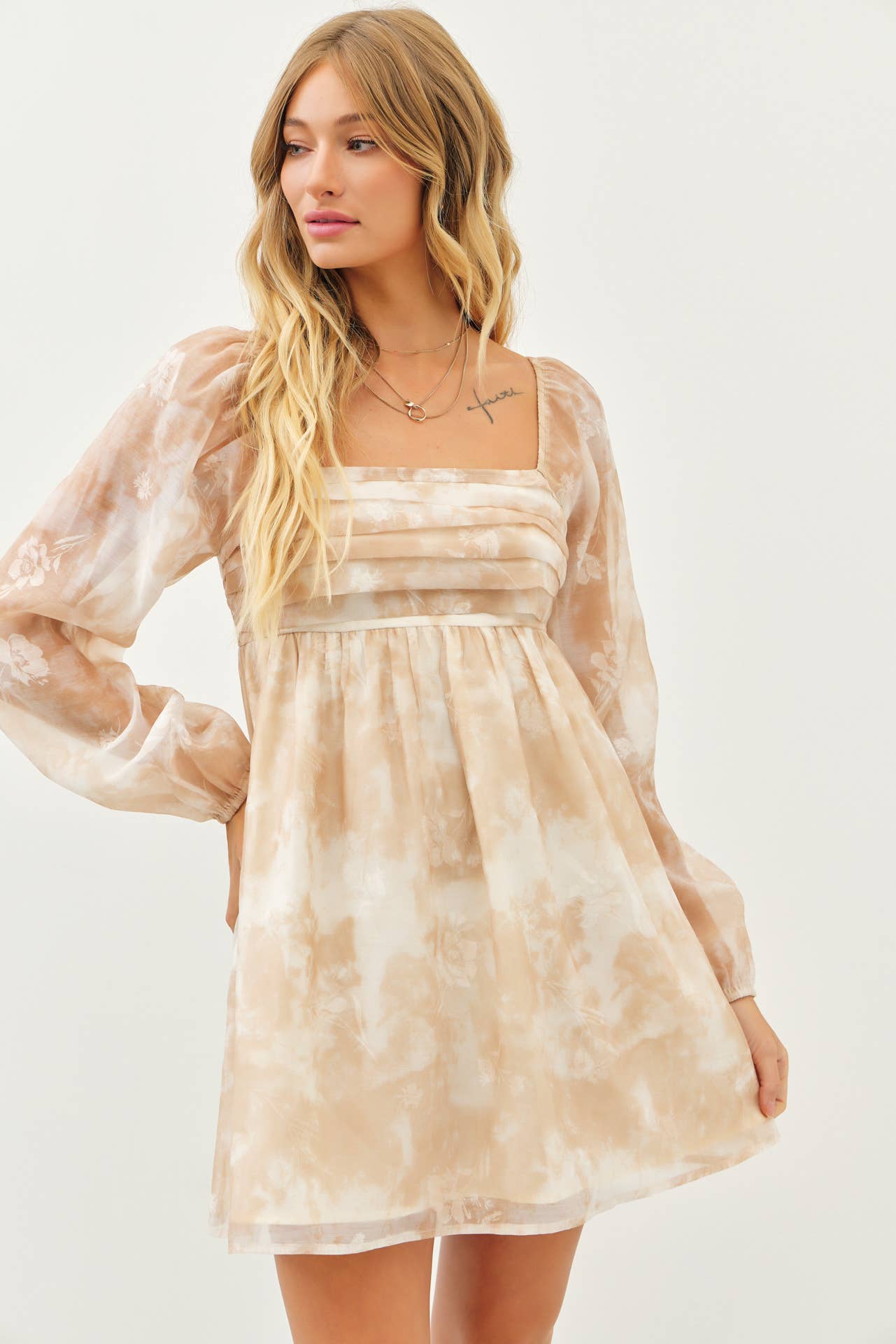 ROMANTIC SHEER FLORAL PLEATED BABYDOLL DRESS