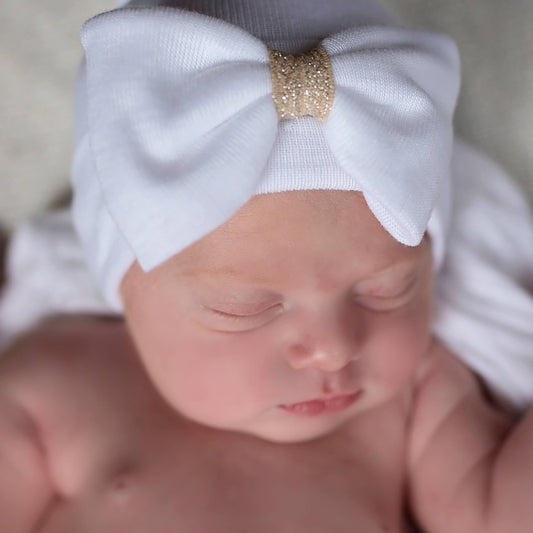 White or Black Shimmer Gold Ribbon Center Bow Hospital Hat