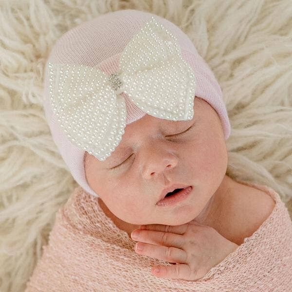 Ilybean Pearl Bow Hospital Hat for Newborn Girls - 3 Colors