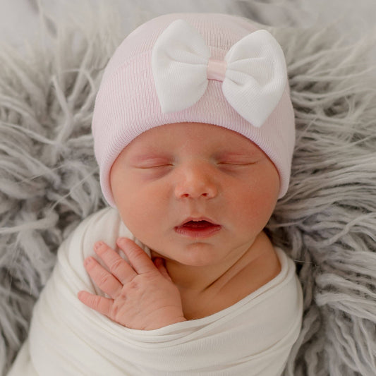 White or Pink Hat with Mini Bow Newborn Girl Hospital Hat