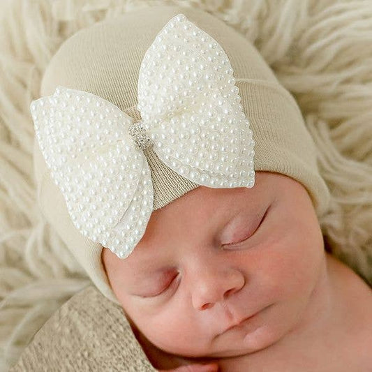 Ilybean Pearl Bow Hospital Hat for Newborn Girls - 3 Colors