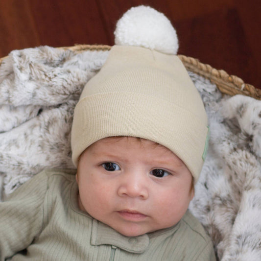 Oatmeal Beanie with Blue Pom Pom Newborn Gender Neutral Hat