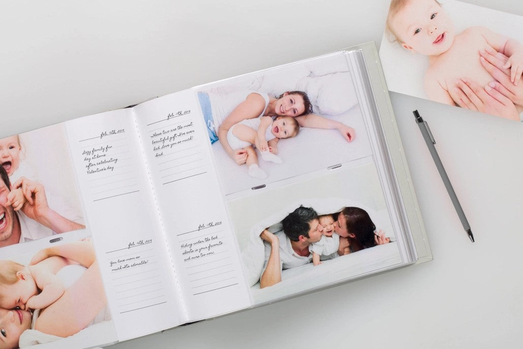 Baby Photo Album with Guided Journal Pages, Gray Polka Dots