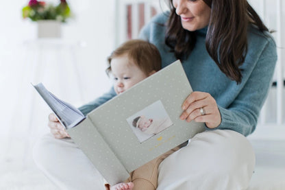 Baby Photo Album with Guided Journal Pages, Gray Polka Dots