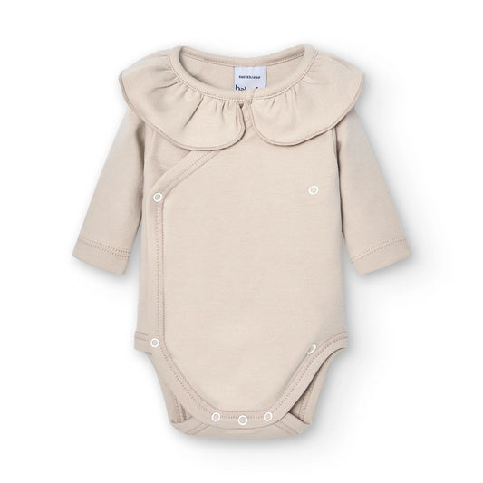 Ruffle Neck Crossover Baby Bodysuit - Beige